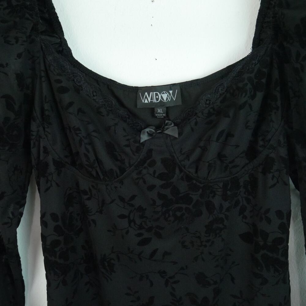 Dolls Kill Widow Cut Class Mesh Mini Dress XL Floral Goth Black Puff Sleeve - Picture 2 of 9